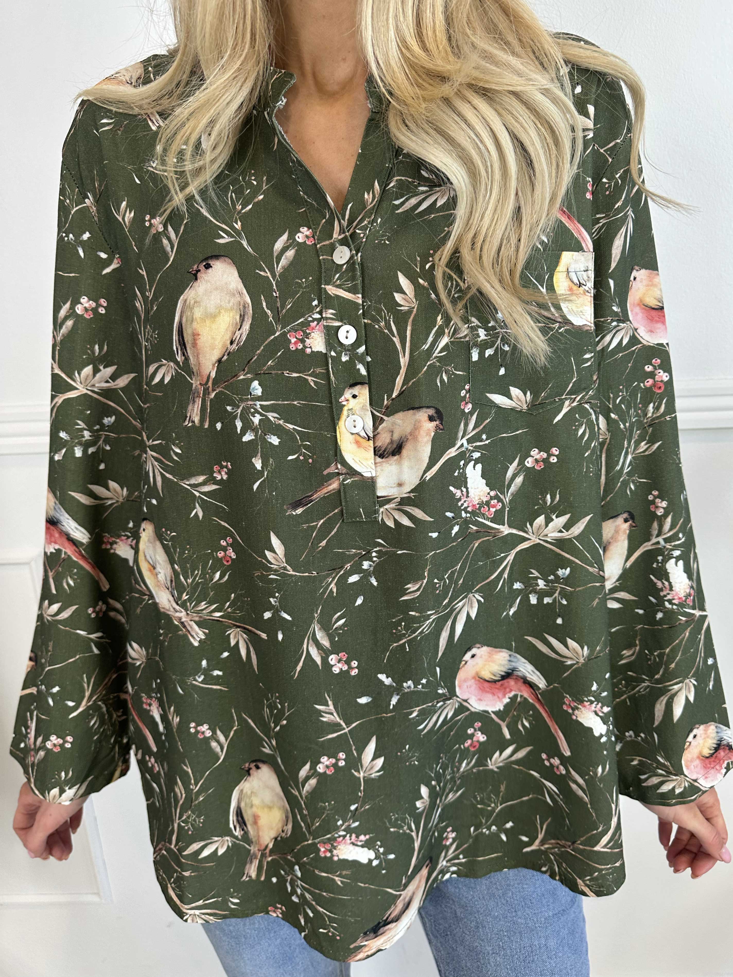 Carmen - Skjorta med fåglar av linne och bomull